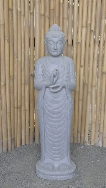 Product image of the product “Standing Buddha made of Riverstone in Dharmachakra position - gesture of wheel of the teaching of Dharma. About 120cm height. ”